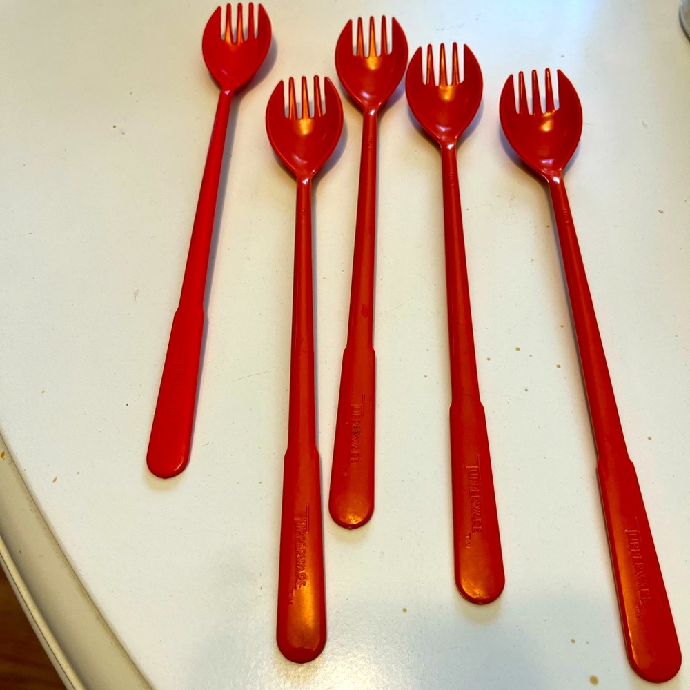 VINTAGE TUPPERWARE 1960 LOT OF‎ 5 FORK O SPOON SPORKS ICED TEA STIRS 8” ORANGE